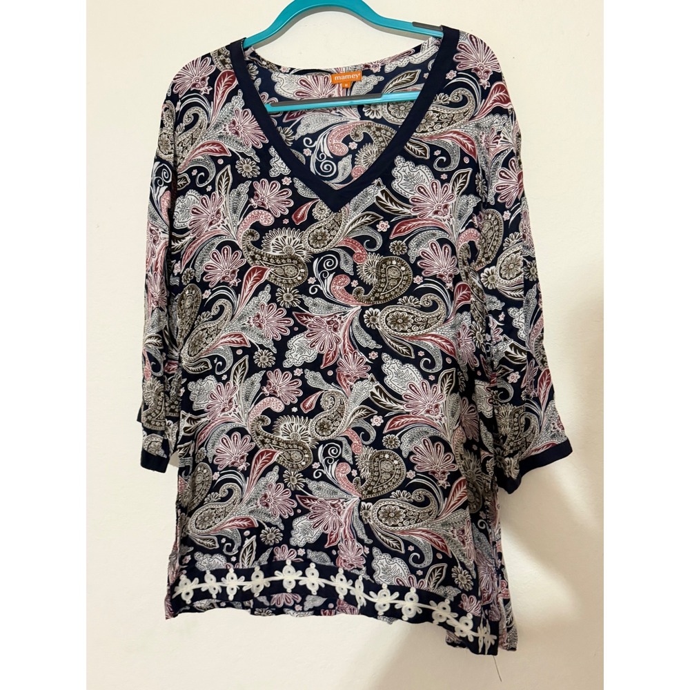 Mamey Beachwear Paisley V-Neck Tunic Top Navy Burgundy Embroidered Hem Medium